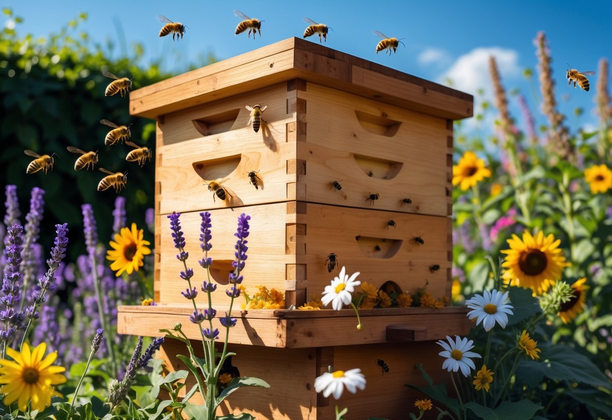 A wooden beehive surrounded by blooming flowers with bees flying around and landing on the hive and flowers.