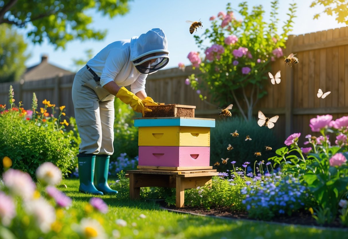 A person tending to a small beehive in a sunny garden with flowering plants and bees flying around.