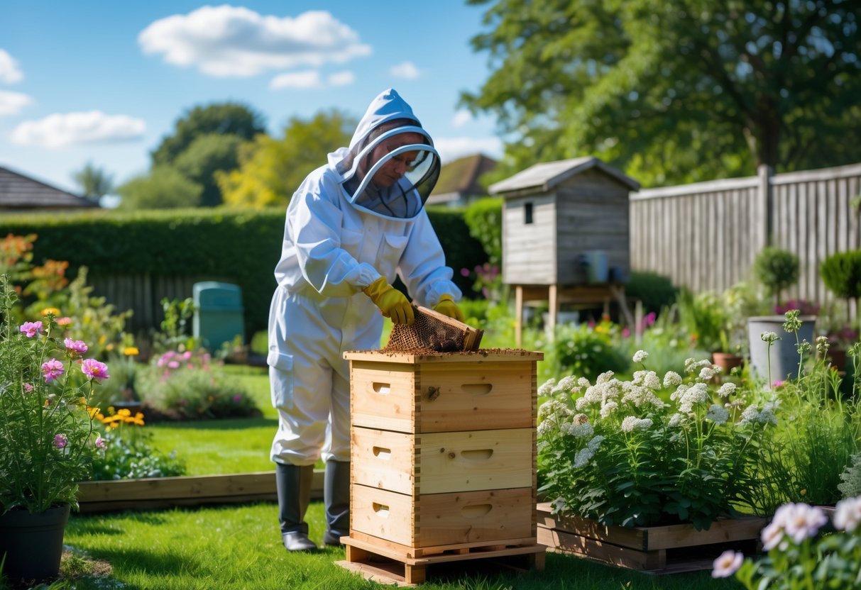 A person in protective beekeeping gear tending to a wooden beehive in a sunny garden with flowering plants and a fence in the background.