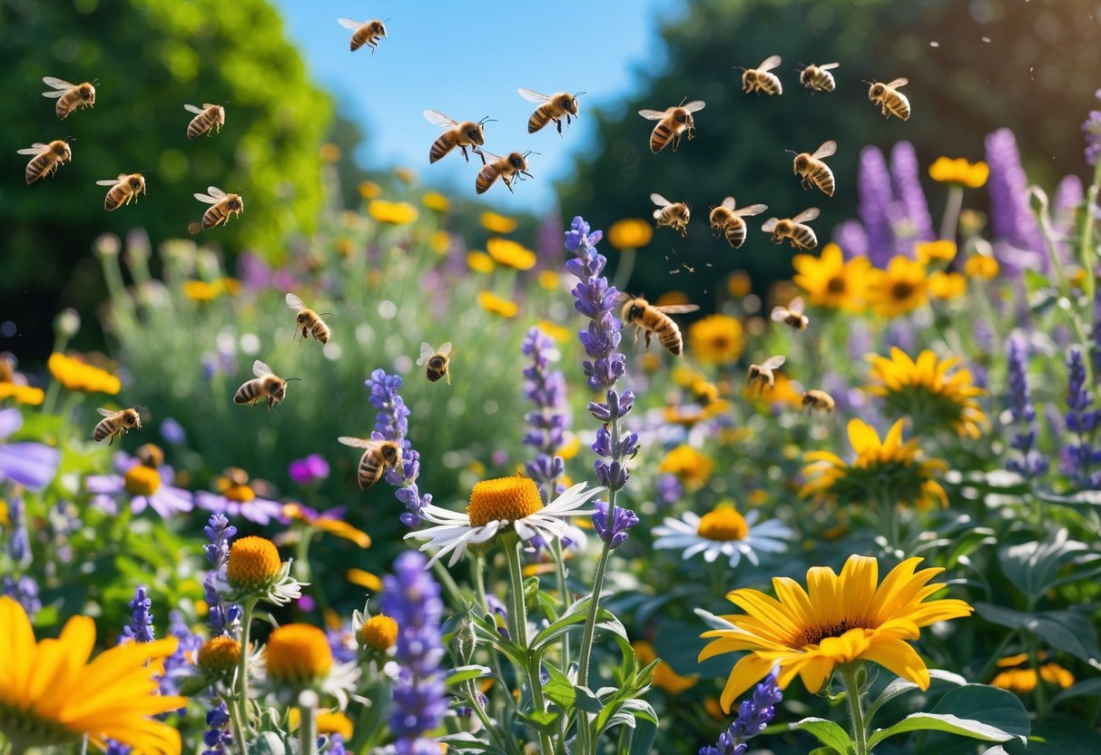 A garden with colorful flowers and bees flying and gathering nectar among the blossoms.