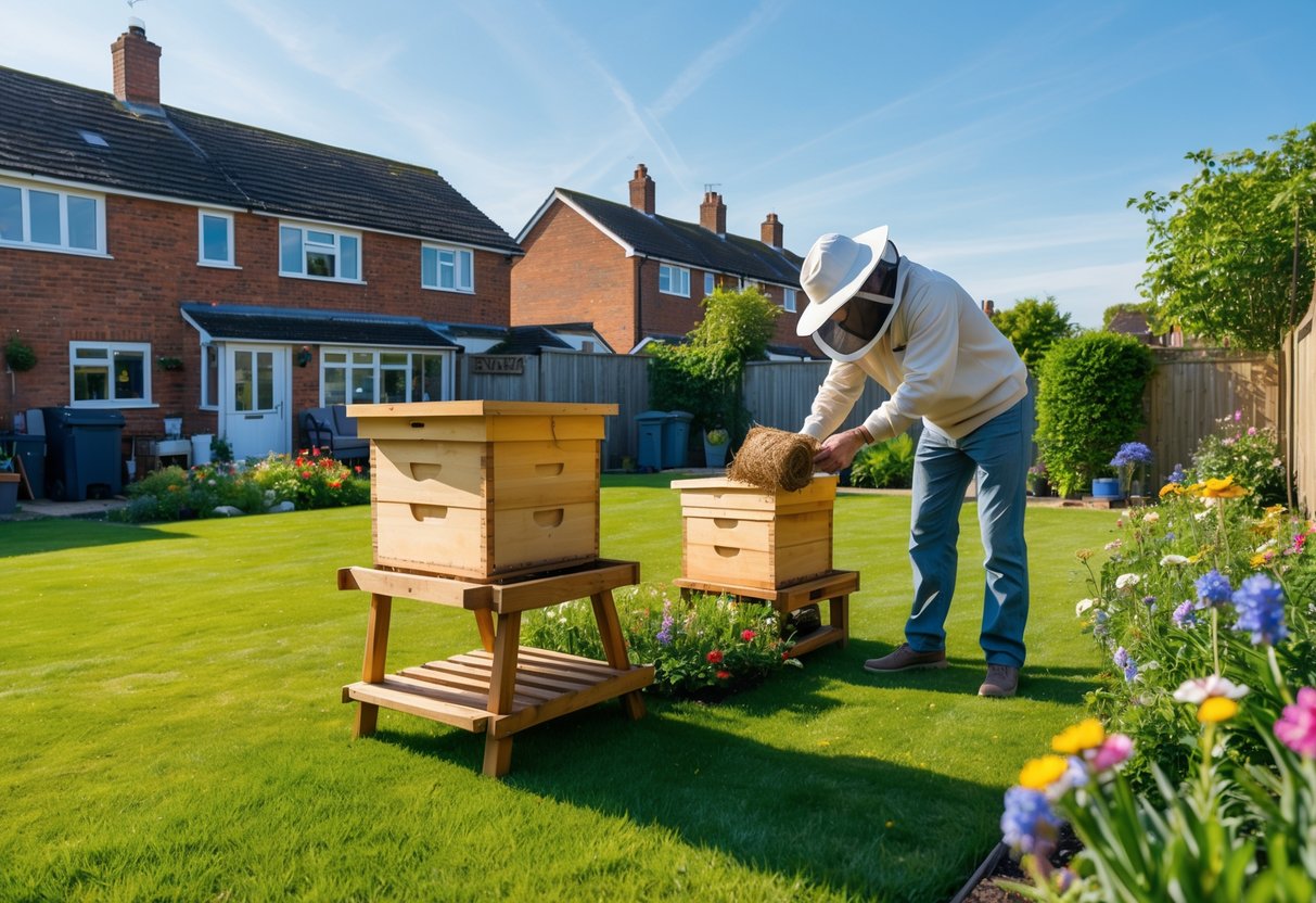 A backyard garden in the UK with a wooden beehive and a person tending to it, surrounded by houses and flowers.