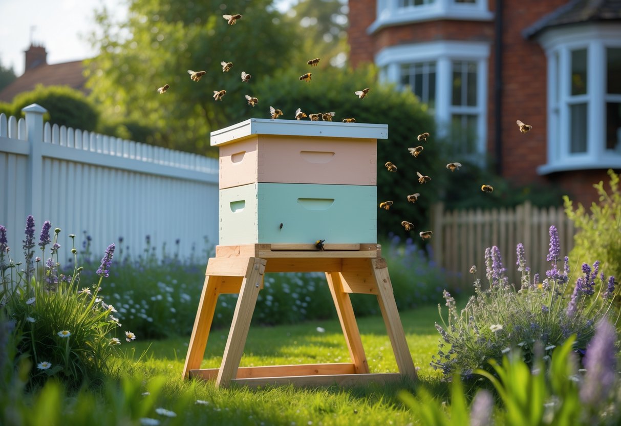 A backyard in the UK with a wooden beehive surrounded by flowering plants and bees flying around, next to a red-brick house and white picket fence.