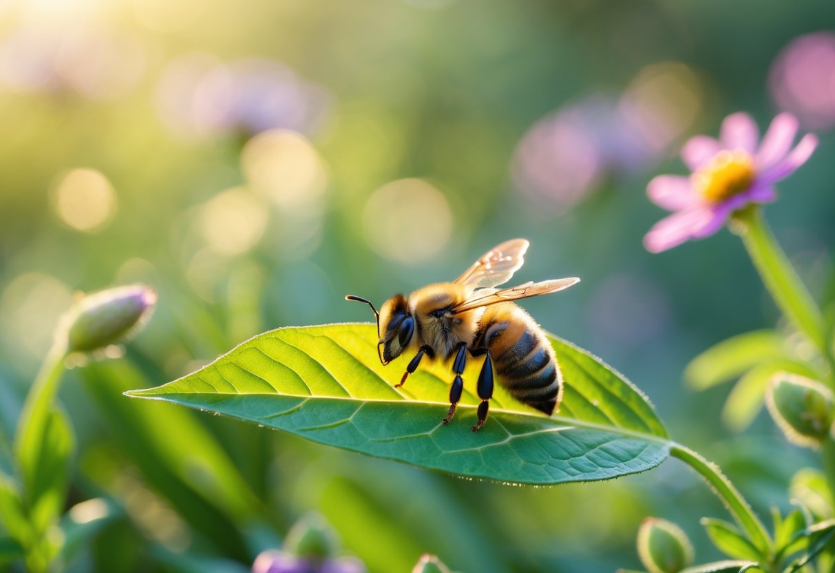 A small bee lying still on a green leaf surrounded by colorful flowers and greenery.