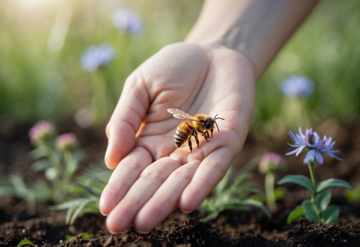 A close-up of a hand gently holding a dying bee over grass and flowers outdoors.