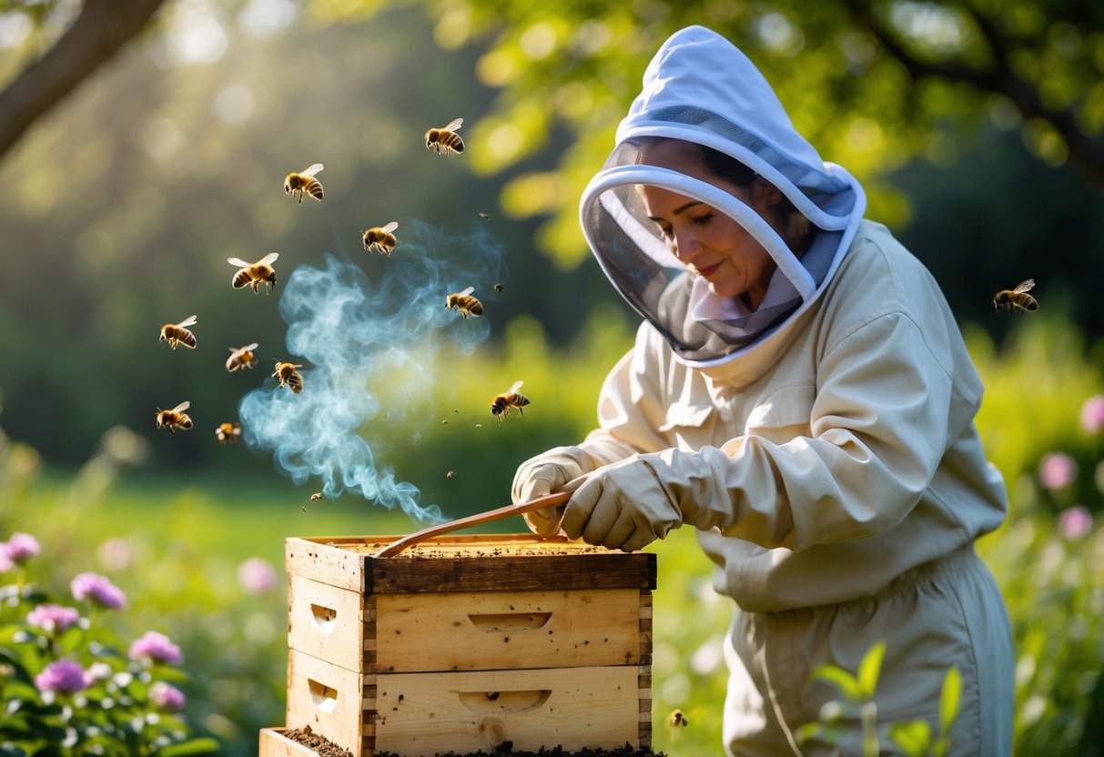 A person in protective beekeeping gear using a bee smoker near a beehive in a garden with bees flying around.