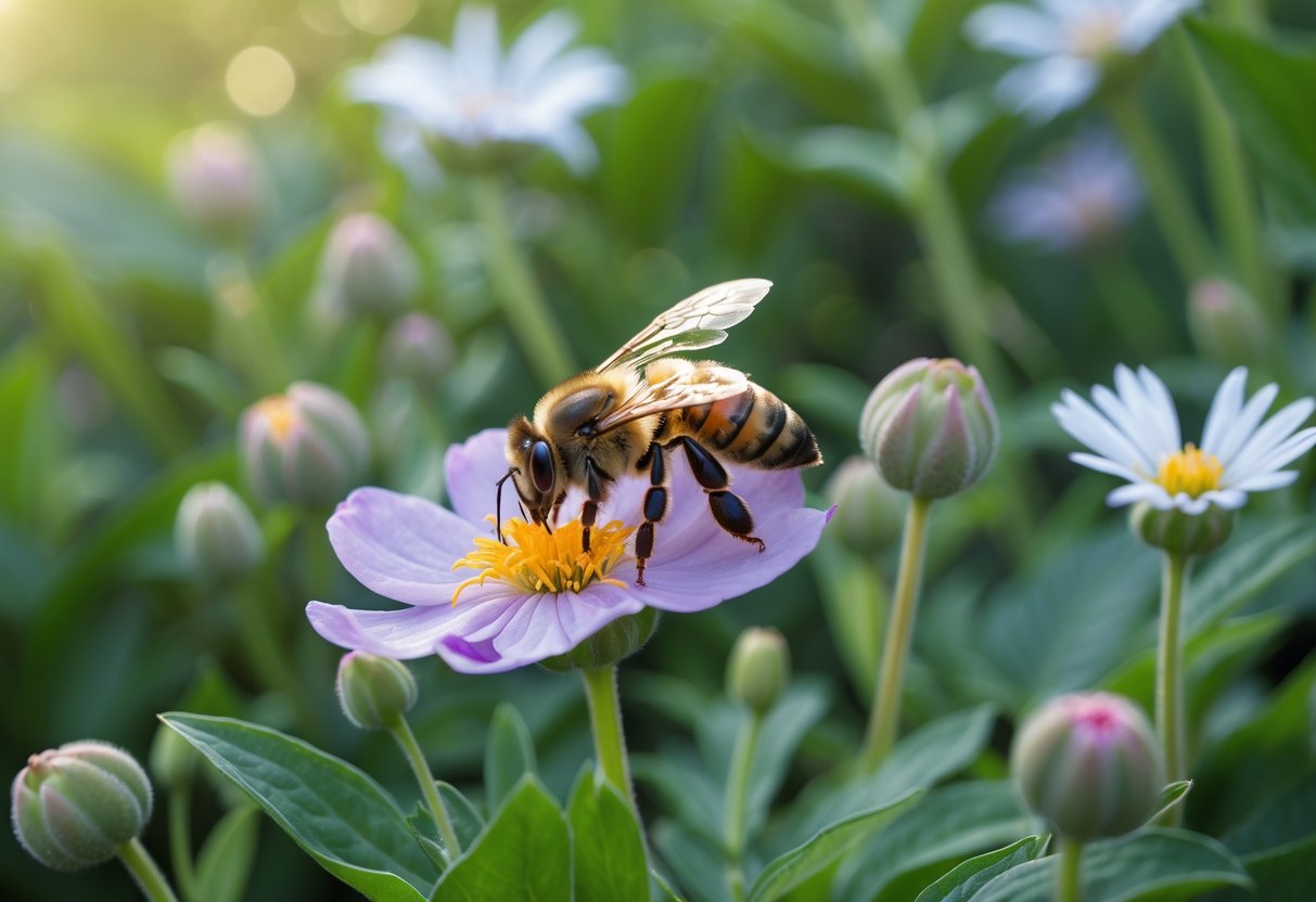 A close-up of a dying bee resting on a flower petal surrounded by blooming flowers and green leaves in a garden.