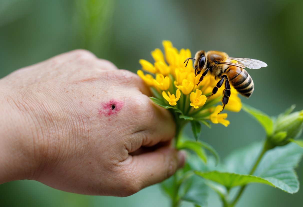 A close-up of a hand with a red sting mark and a queen bee sitting on a yellow flower nearby.