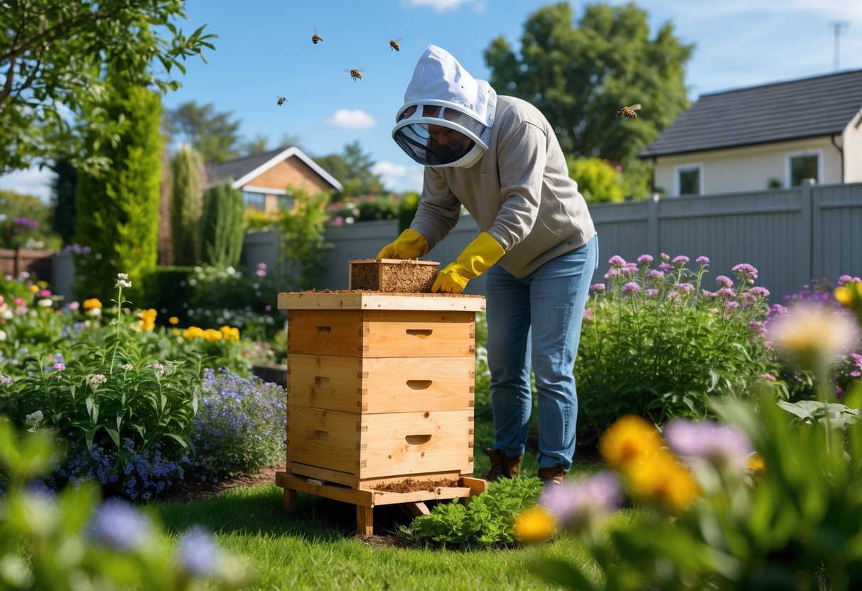 A person inspecting a wooden beehive in a lush garden with flowers and bees flying around.