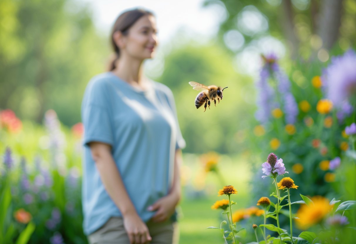 A person standing calmly outdoors with a bee hovering near their hand in a garden.