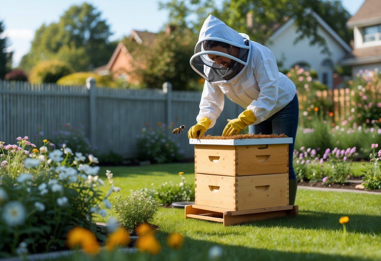 A person in protective gear tending to a beehive in a garden with flowers and a house in the background.