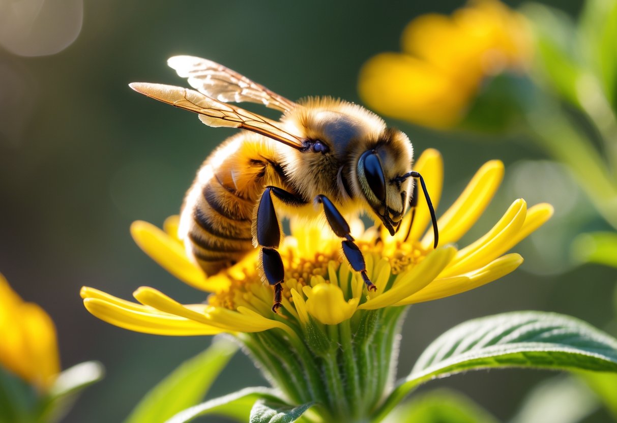 Close-up of a honeybee sitting on a yellow flower in a natural outdoor setting.