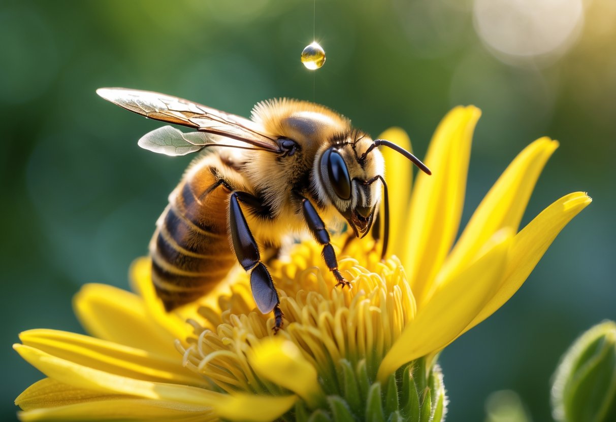 A close-up of a honeybee on a yellow flower with slightly ruffled wings and a droplet near its head.