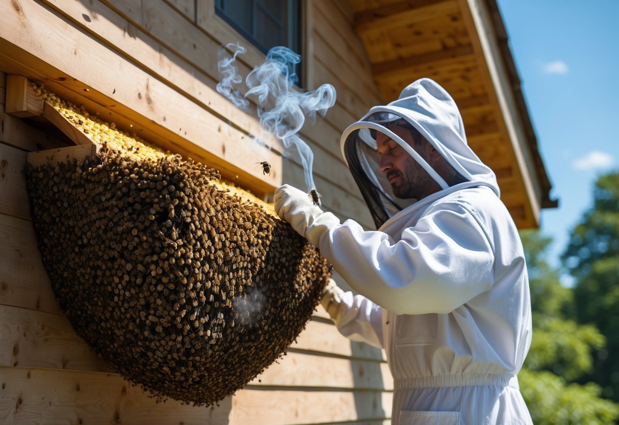 A person in protective beekeeper clothing removing a large bees' nest from the eaves of a wooden house using a smoker tool on a sunny day.