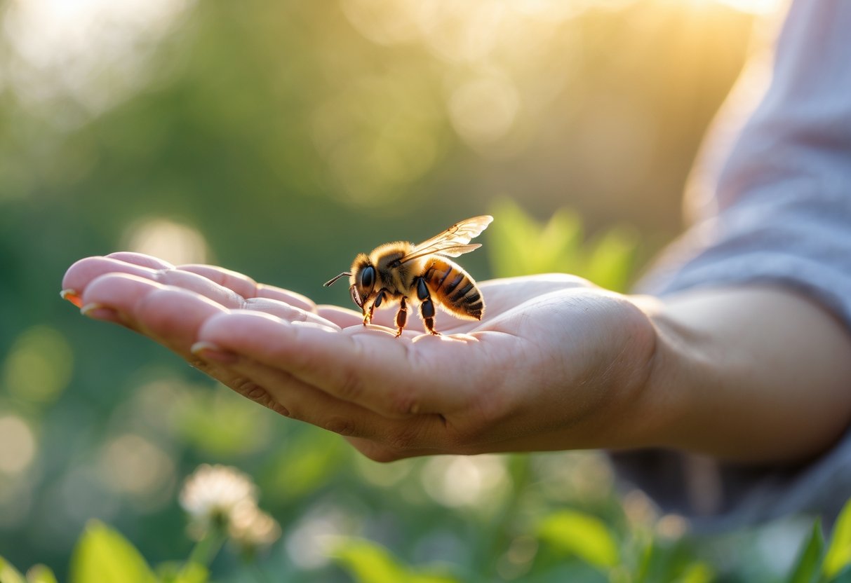 A close-up of a bee gently landing on a person's fingertip outdoors.