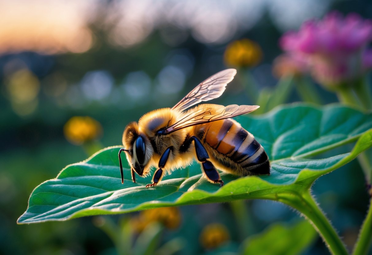 A honeybee resting quietly on a green leaf at dusk with a blurred garden background.