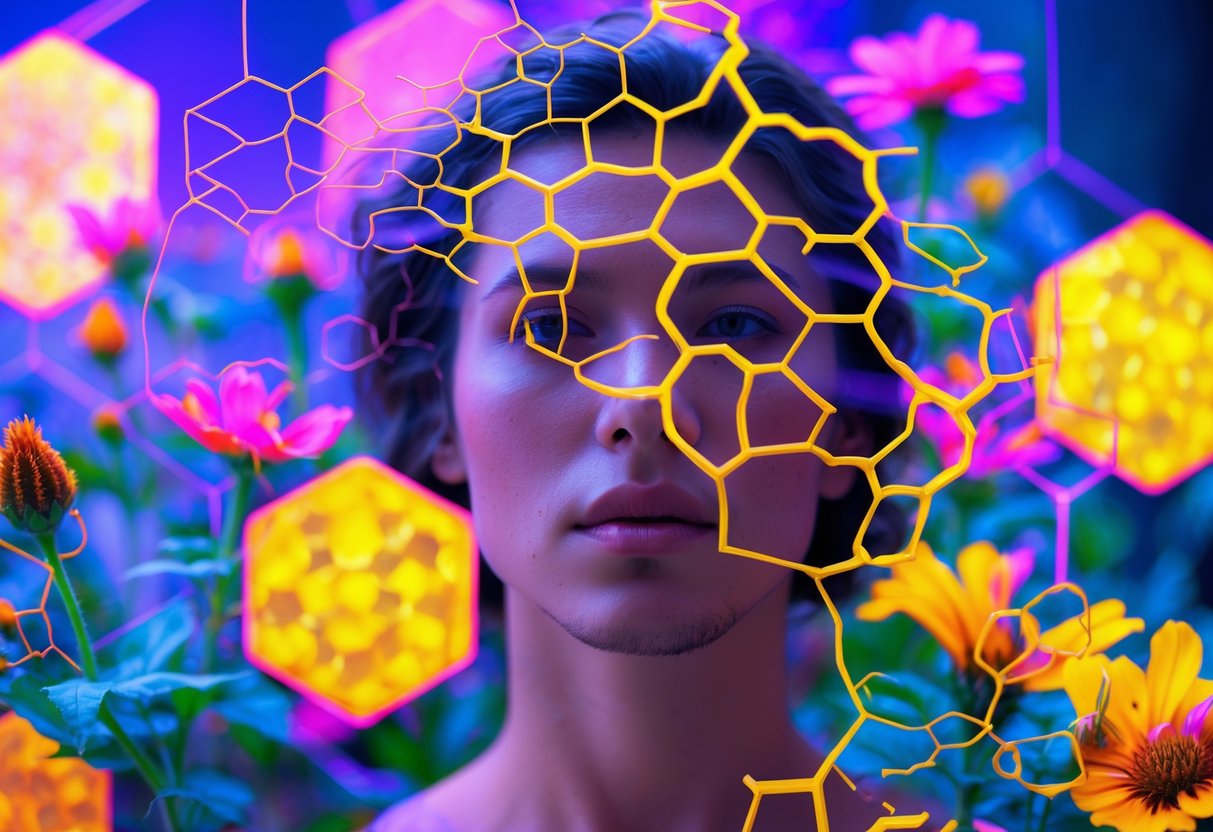 A human figure surrounded by colorful flowers and honeycomb patterns, showing a bee's perspective with bright, ultraviolet-like colors and geometric shapes.