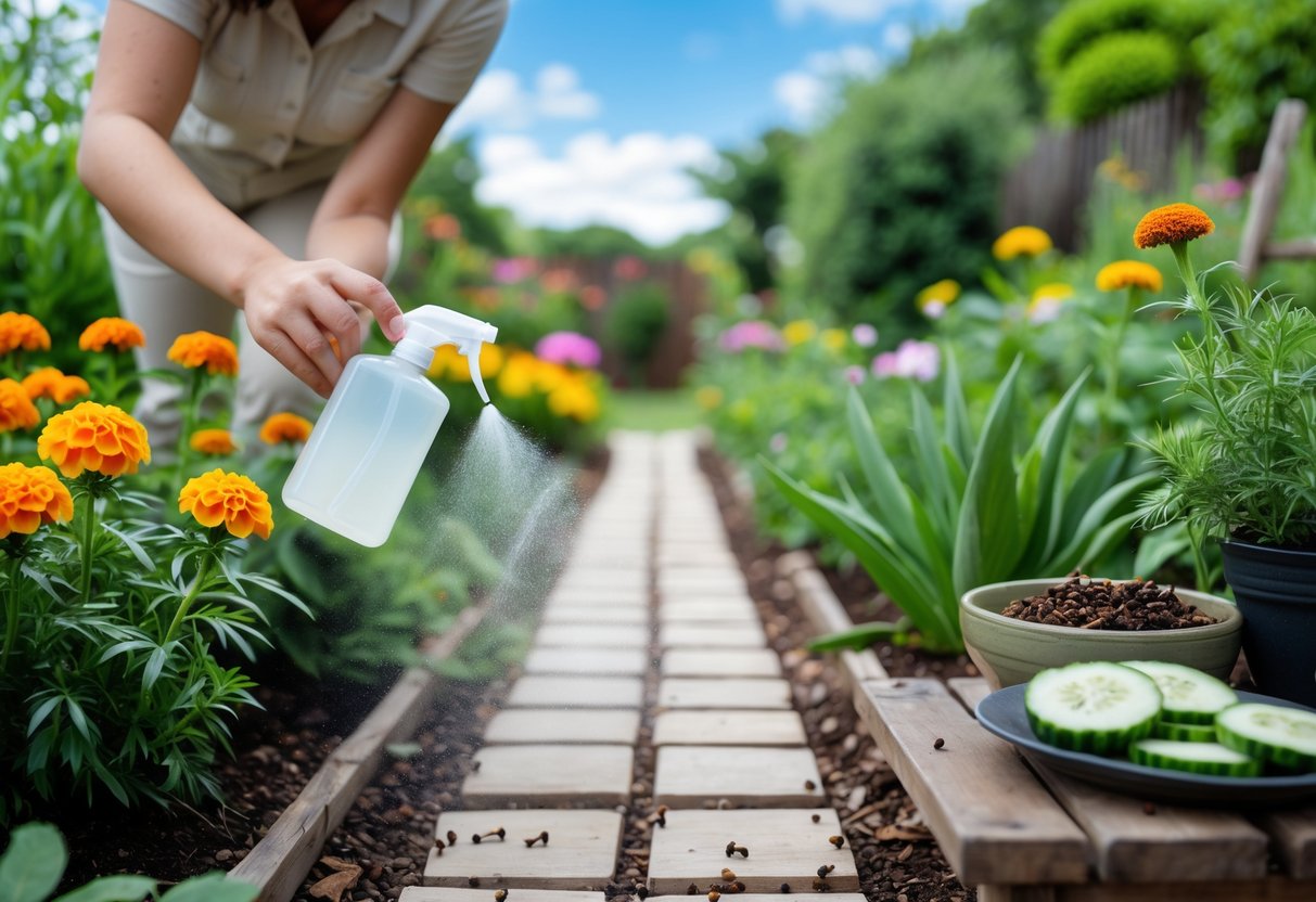 A person sprays natural repellents in a garden with marigold and eucalyptus plants to keep bees away.