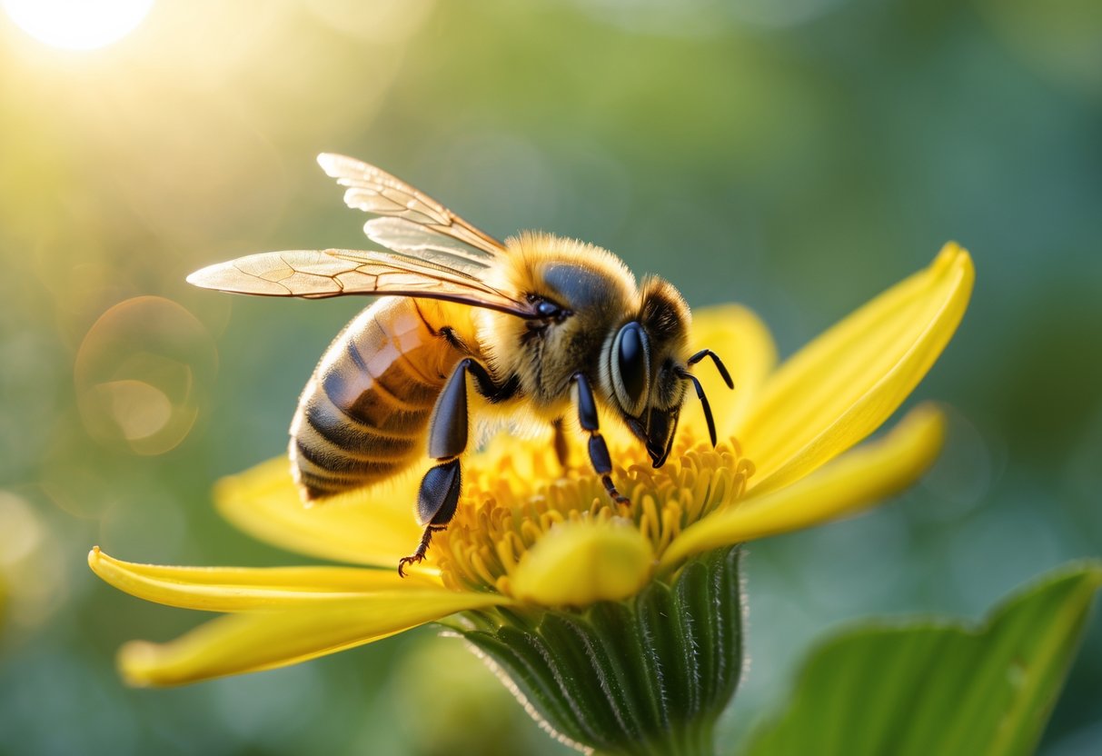A close-up of a honeybee resting on a yellow flower with green leaves blurred in the background.