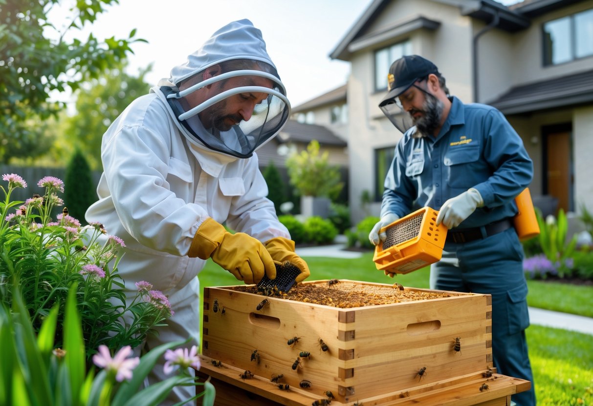 A beekeeper in protective gear inspecting a beehive while a pest control professional uses equipment nearby in a garden next to a house.
