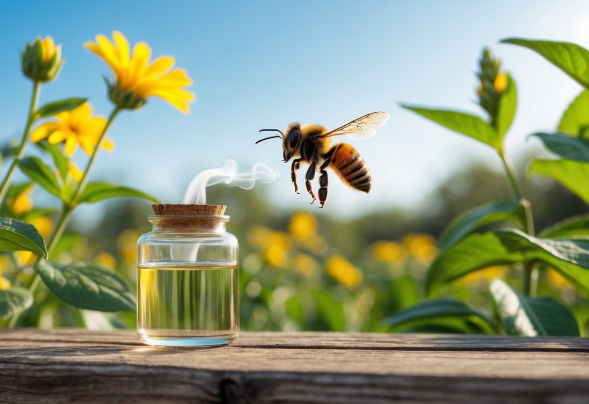 A bee flying near a yellow flower, moving away from a small jar of smoke or natural repellent on a wooden surface outdoors.