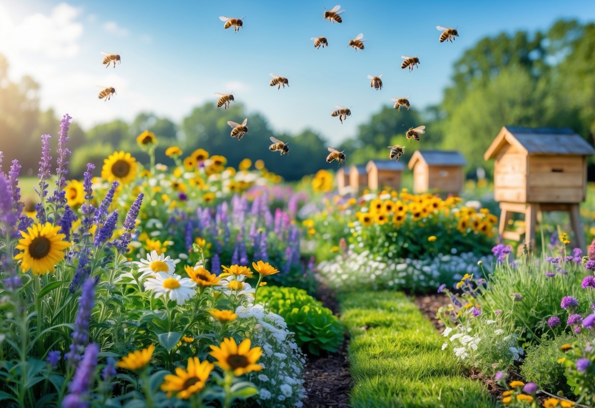 A spacious garden with colorful flowers and bees flying around, with small bee houses in the background.