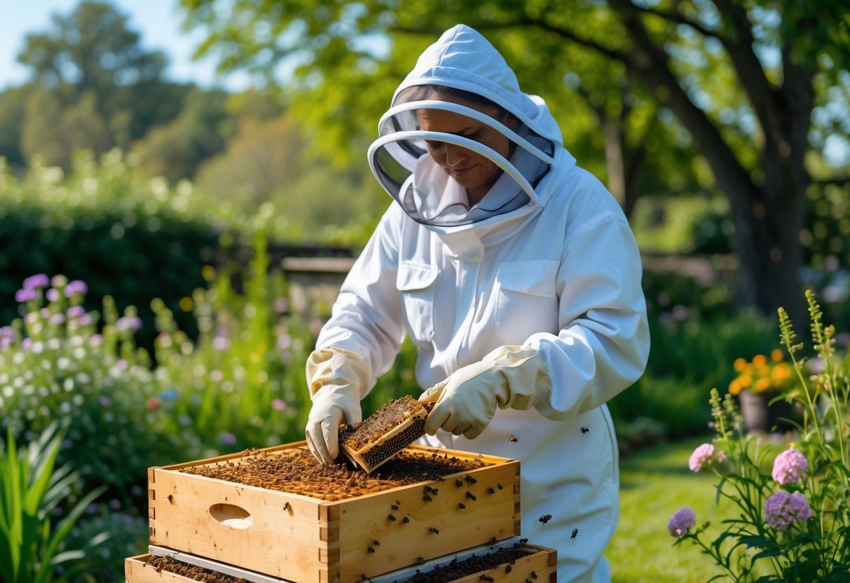 A person in full beekeeping protective gear inspecting a beehive frame covered with bees outdoors.