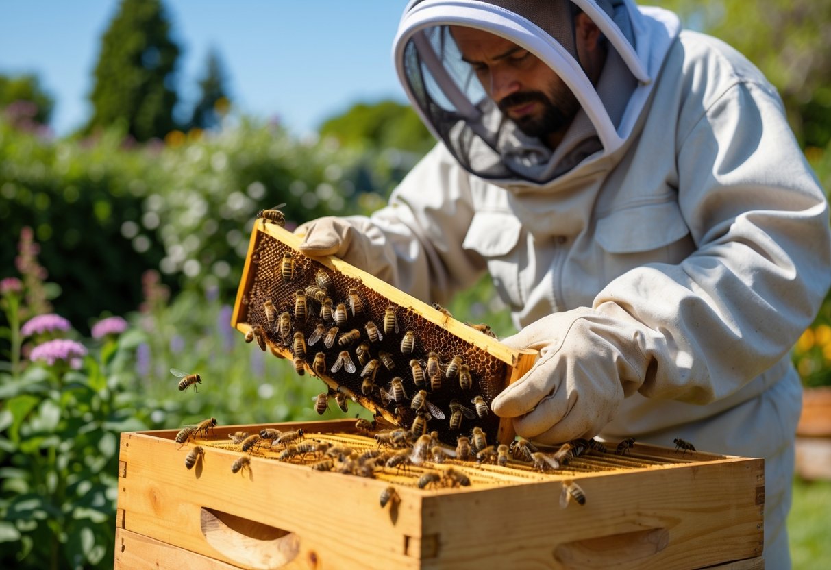 A beekeeper in protective gear inspecting a beehive with bees appearing agitated outdoors in a garden.
