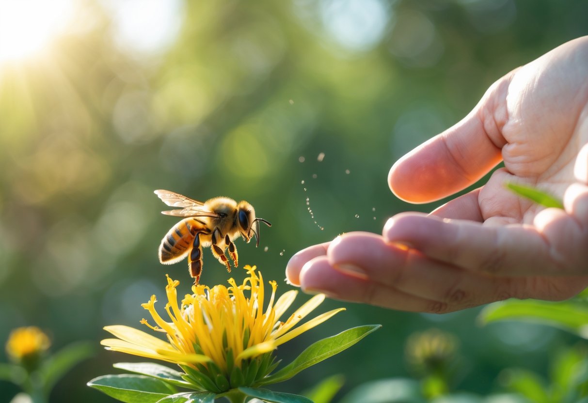 A person’s hand near a honeybee collecting nectar on a yellow flower in a garden.