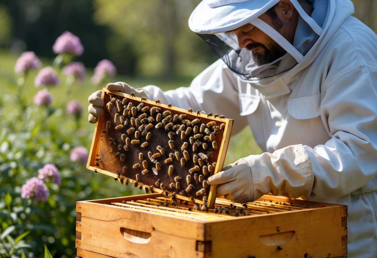 A beekeeper in protective clothing inspecting a beehive covered with bees outdoors among flowers and greenery.