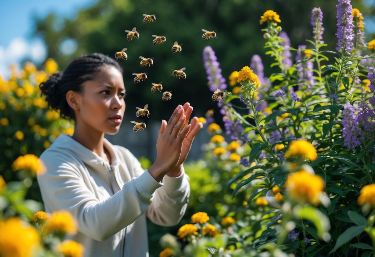 A person cautiously backing away from a group of bees near flowers in a garden.