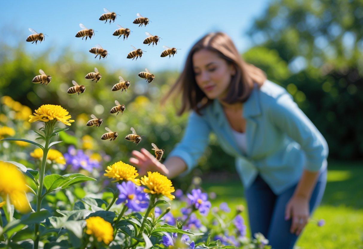 Person cautiously stepping back near flowers with bees hovering around in a sunny garden.