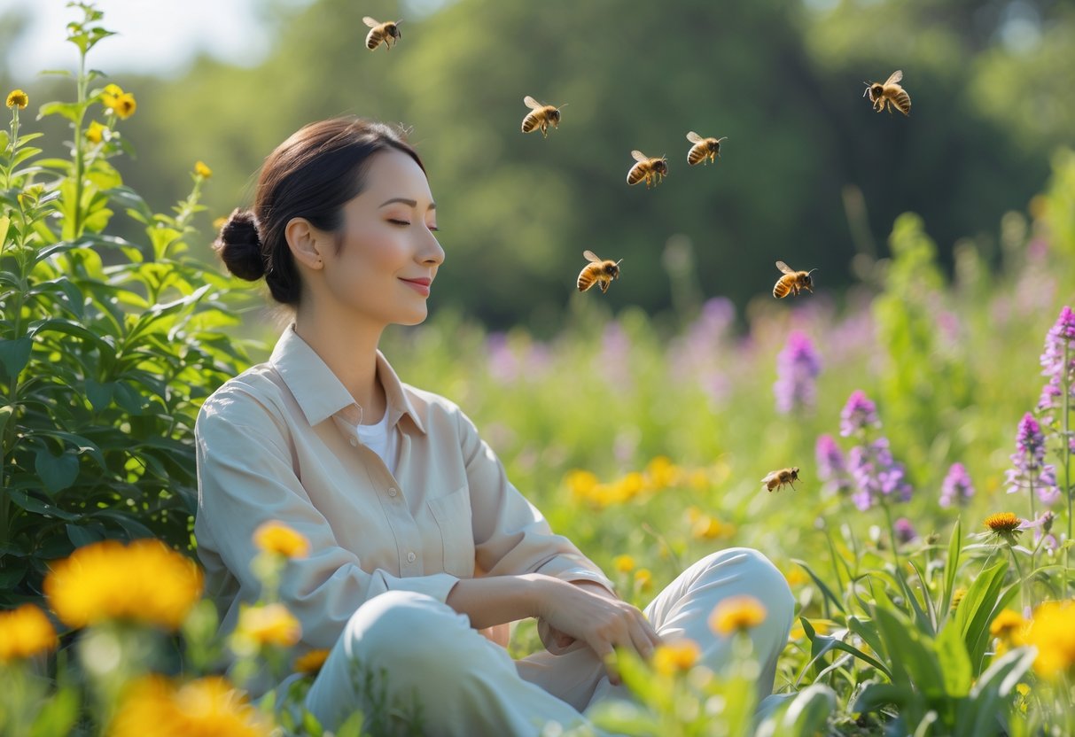 A calm person standing peacefully in a garden with flowers and honeybees flying nearby.