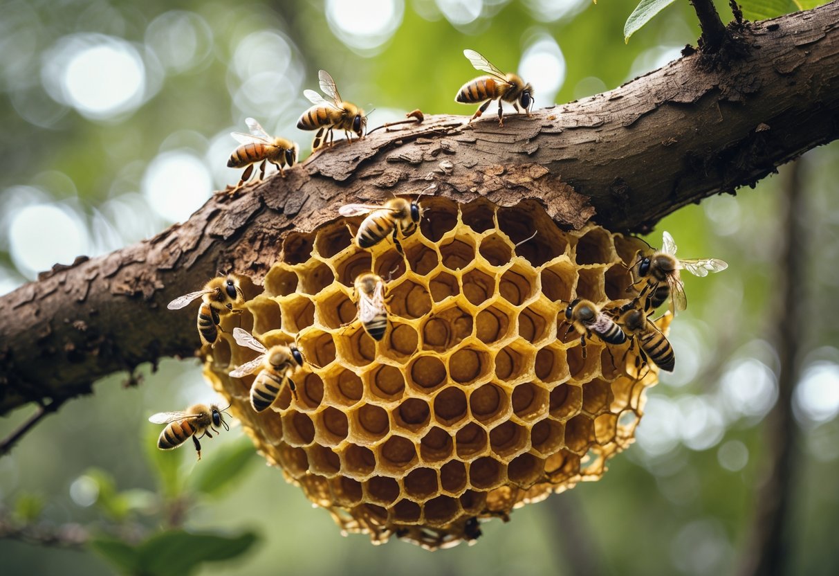 Close-up of a bees' nest with honeycomb and bees on a tree branch in a forest.