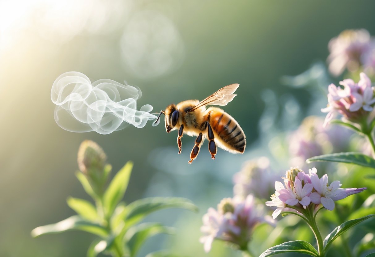 A honeybee flying near flowers with faint smoke rising nearby in a natural outdoor setting.