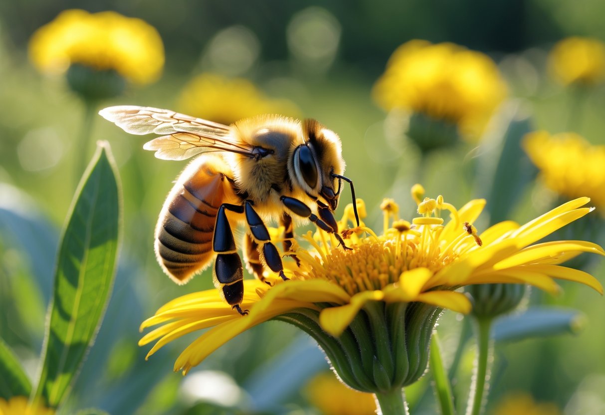 A honey bee collecting nectar from a yellow flower in a sunlit meadow.