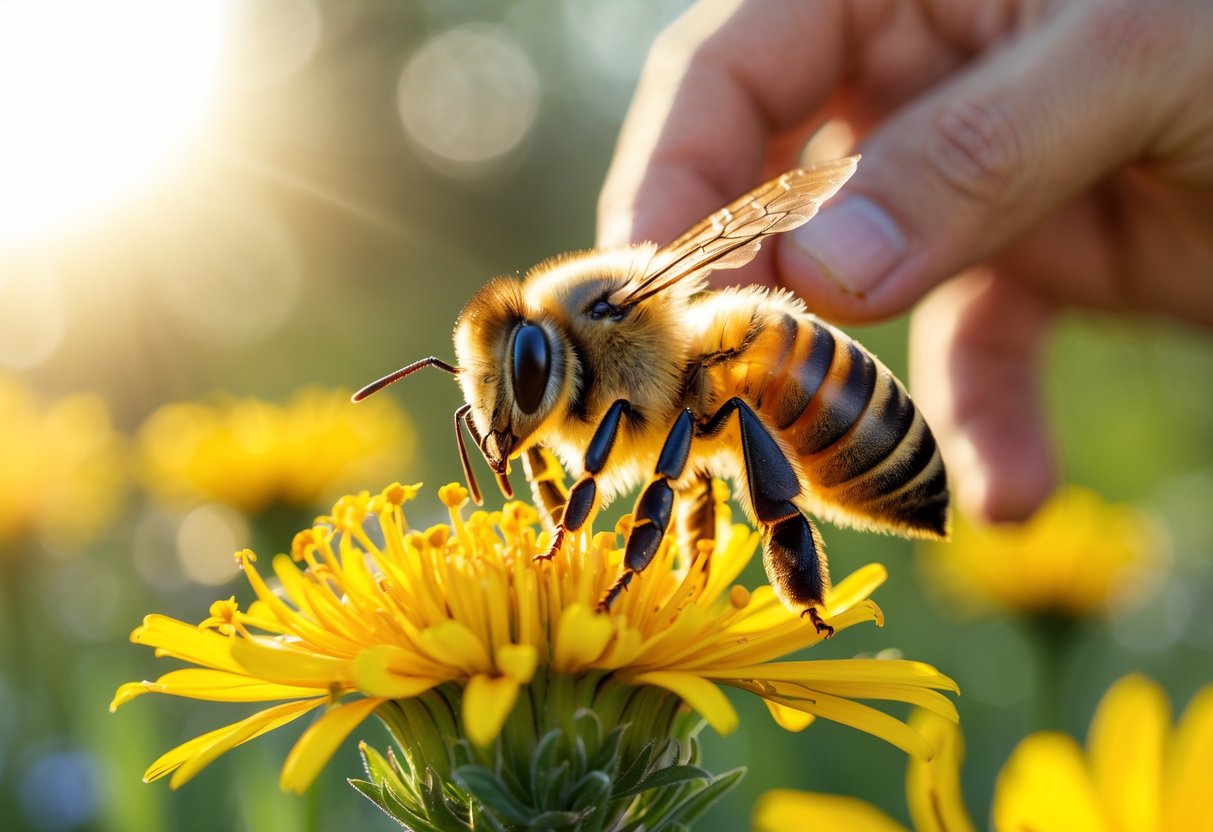 A honey bee on a yellow flower with a human hand gently approaching in the background.