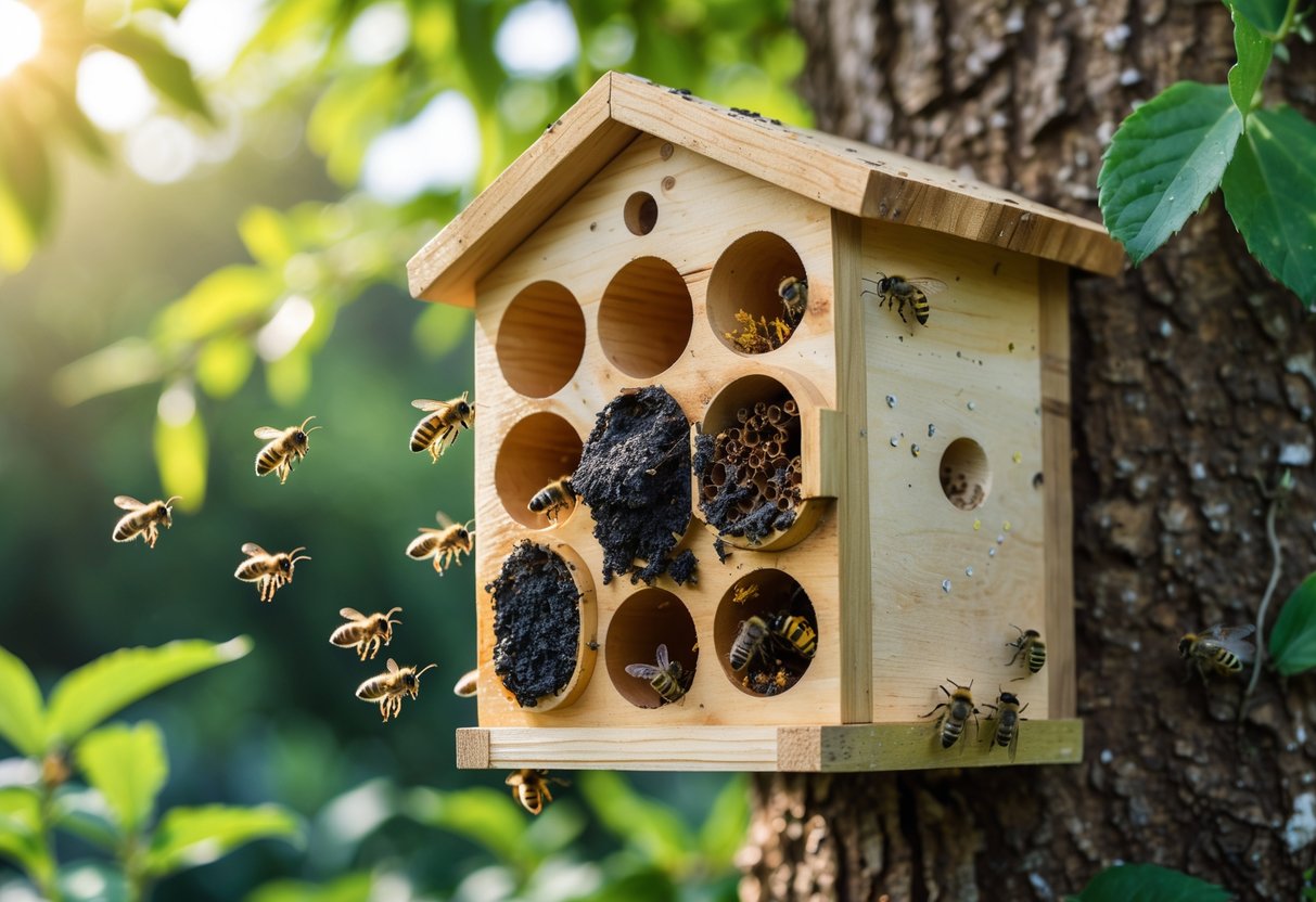 A wooden bee hotel on a tree with some tubes clogged and damaged, surrounded by green leaves and a few solitary bees.