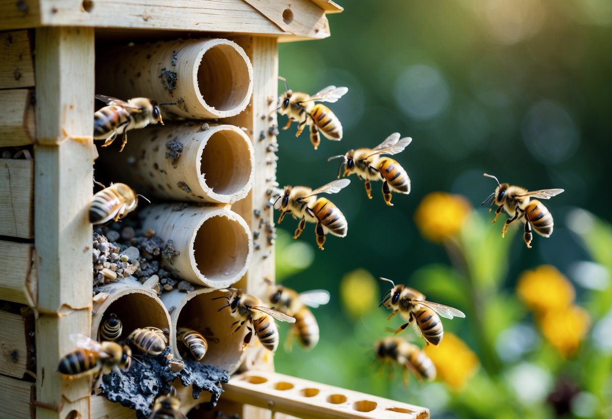 Close-up of a weathered bee hotel with solitary bees entering and exiting, showing some damaged and blocked tubes in a garden setting.