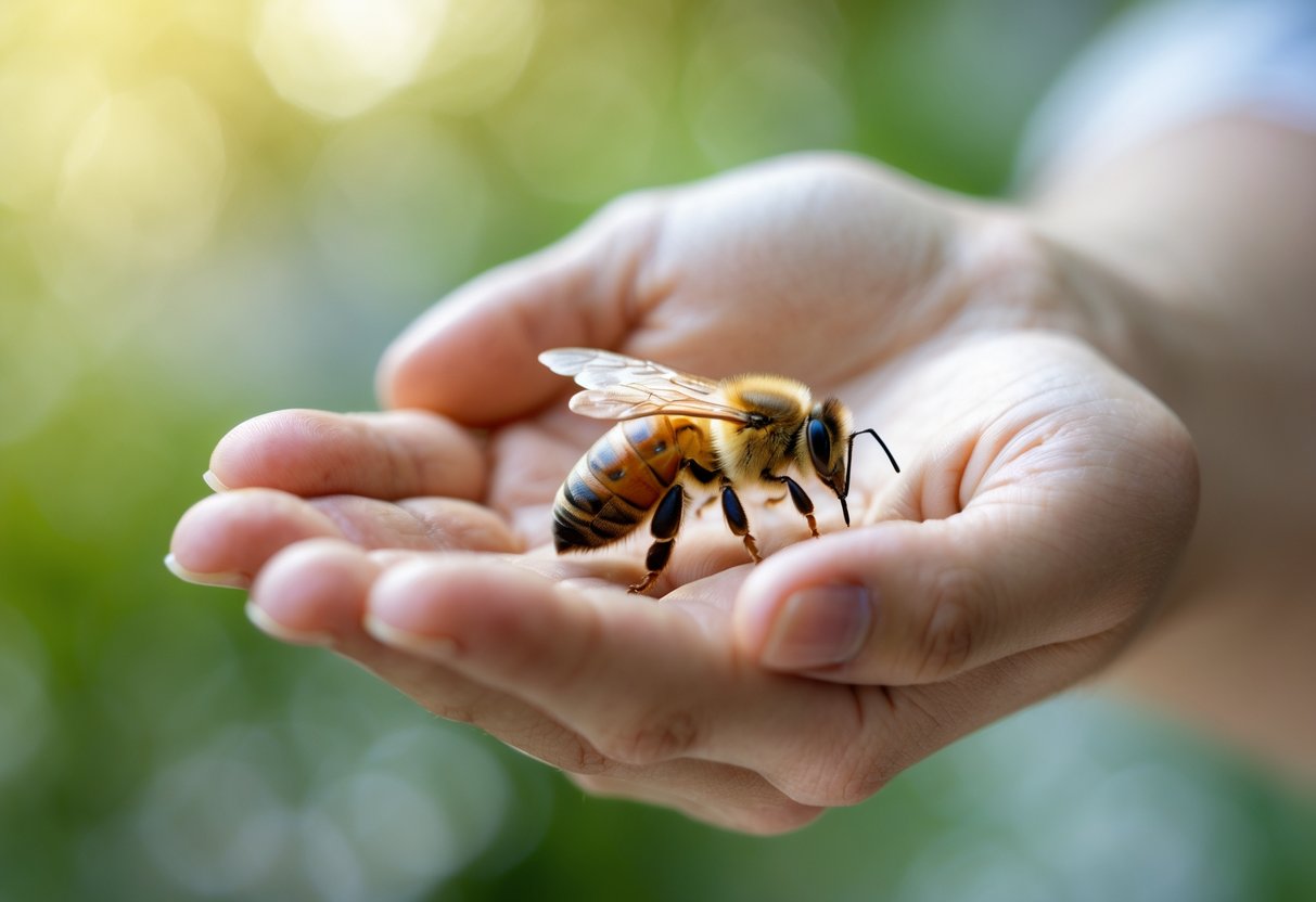 A person gently holding a calm honeybee on their open palm outdoors.