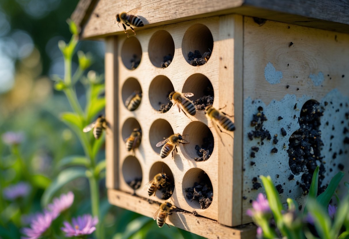 Close-up of a wooden bee hotel with small holes, some showing signs of damage and overcrowding, surrounded by flowering plants and bees in a garden.