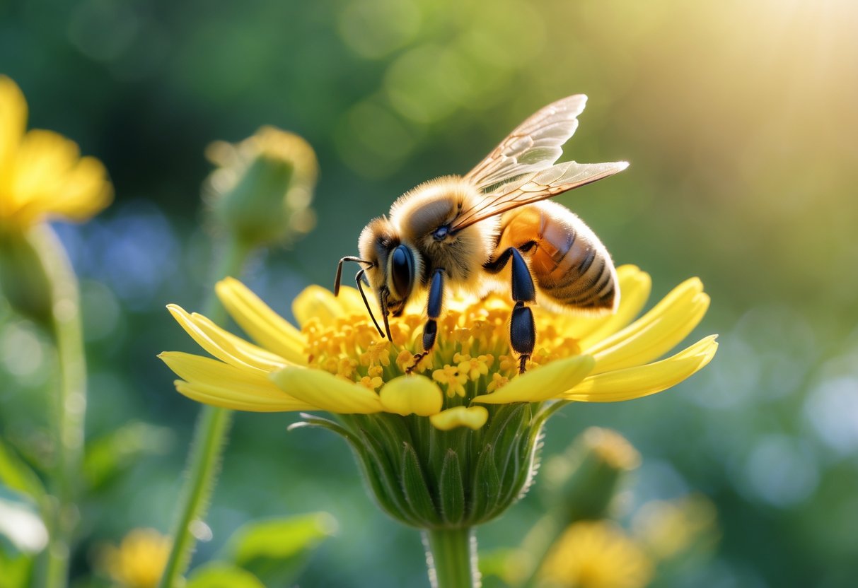 A honeybee resting on a yellow flower in a sunlit garden with blurred green foliage in the background.