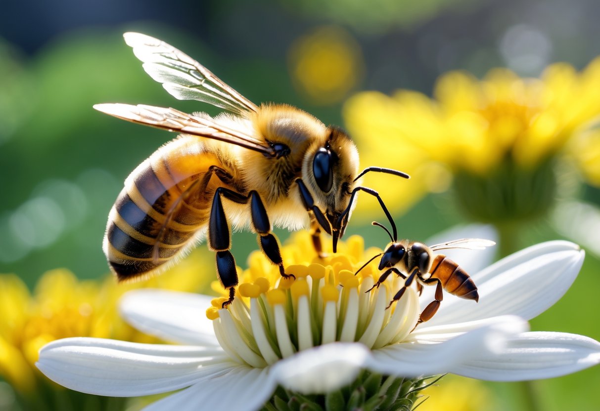 A honey bee on a yellow flower with a small Varroa mite attached to its body.