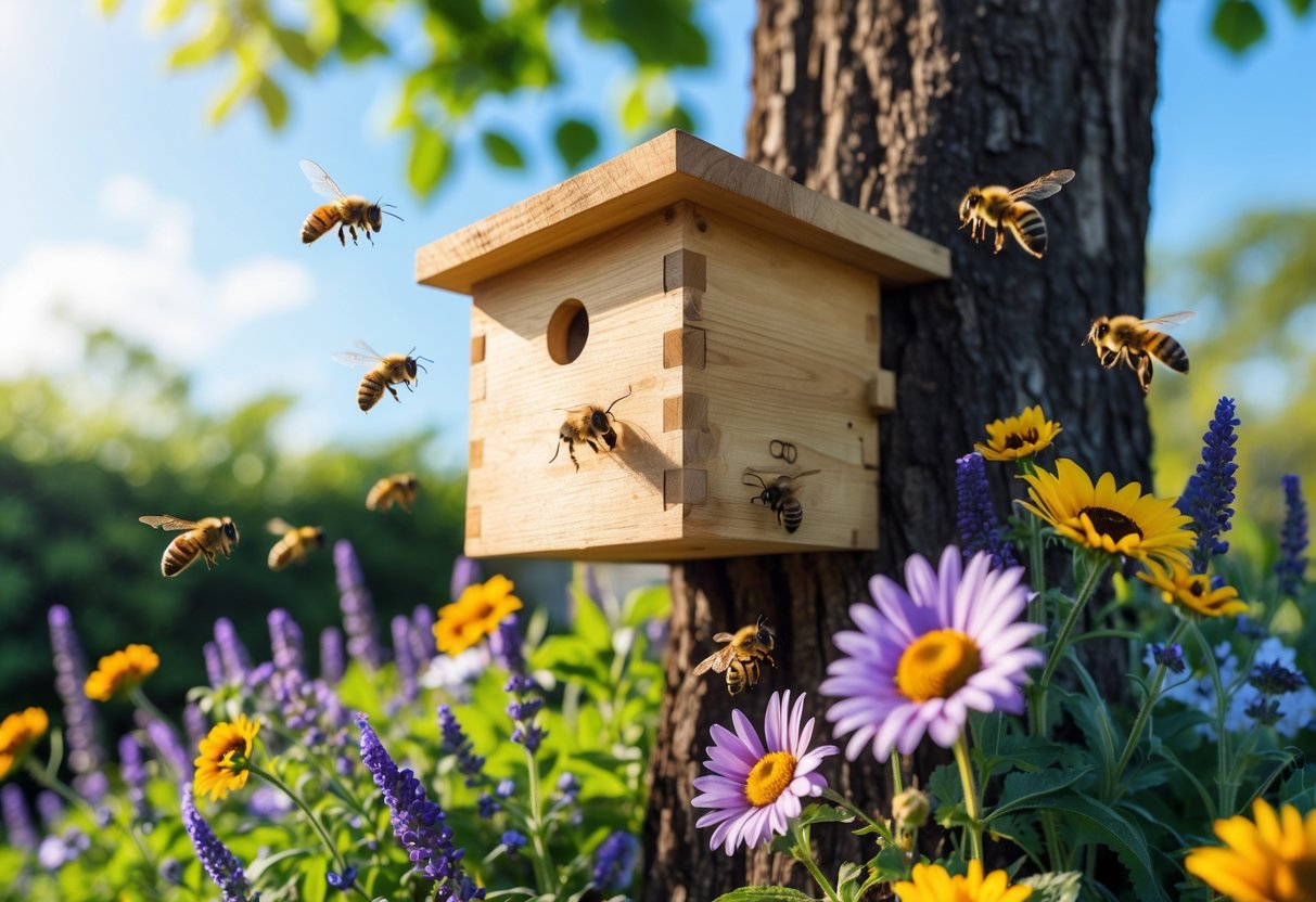A wooden bee house on a tree surrounded by colorful flowers with bees flying around in a garden.