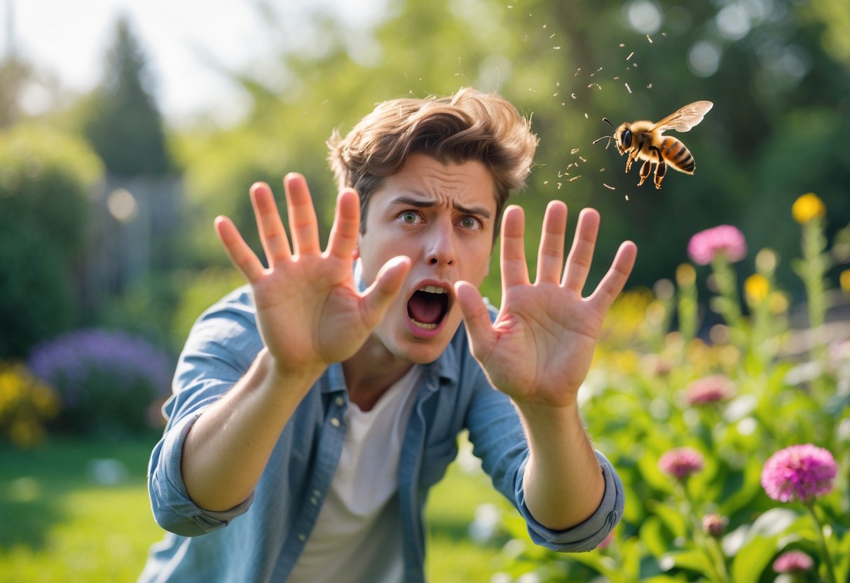 A person outdoors waving their hands frantically near a bee flying close by, looking startled.
