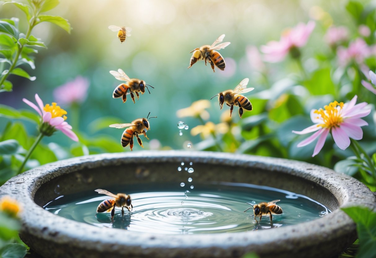 Bees gathering water from a shallow birdbath surrounded by flowers in a garden.