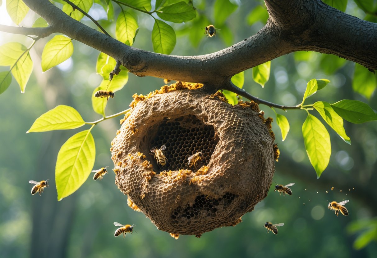 Close-up of a bees' nest on a tree branch with bees flying around in a green forest.