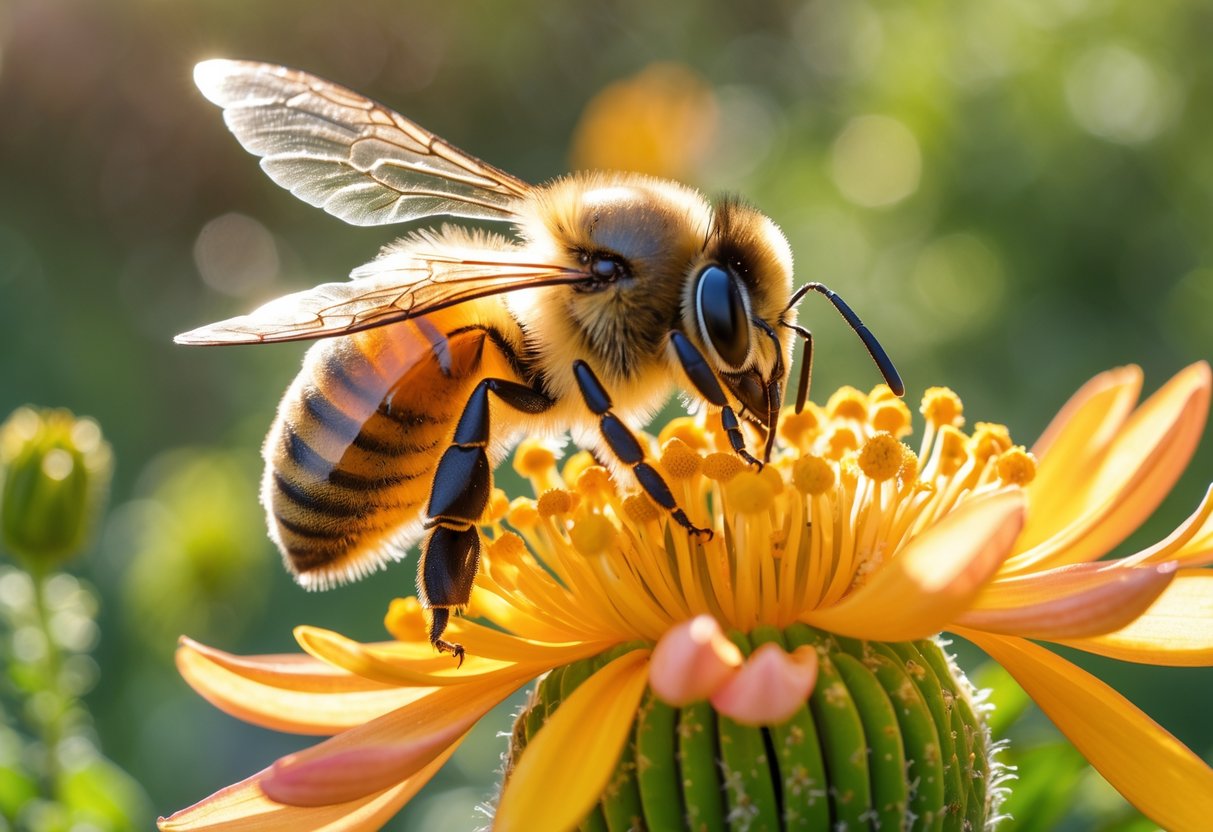 A honeybee collecting pollen from a bright yellow and orange flower with green foliage in the background.