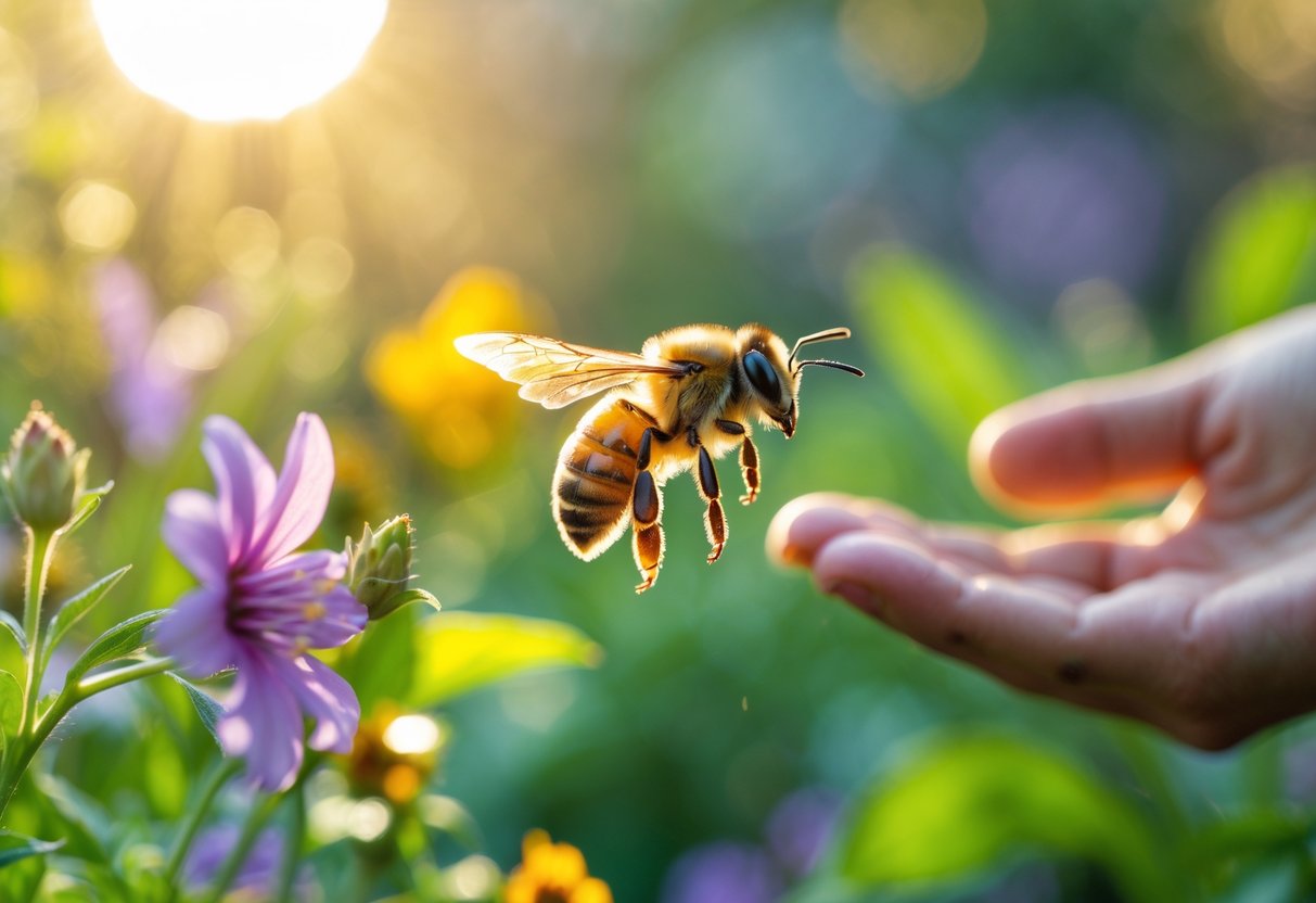 A honeybee hovering near a colorful flower with a person's hand gently extended nearby in a sunlit garden.
