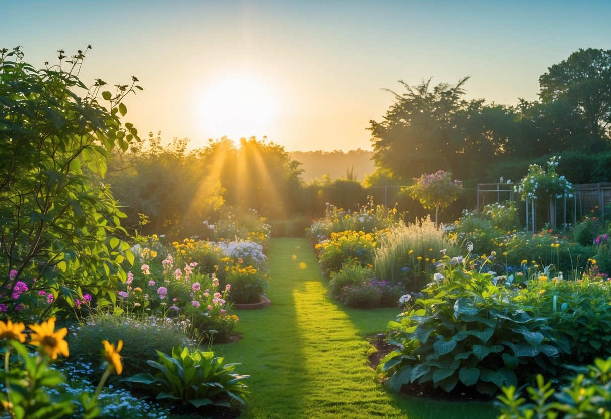 A peaceful garden in early morning light with blooming flowers and green plants, no bees or people present.
