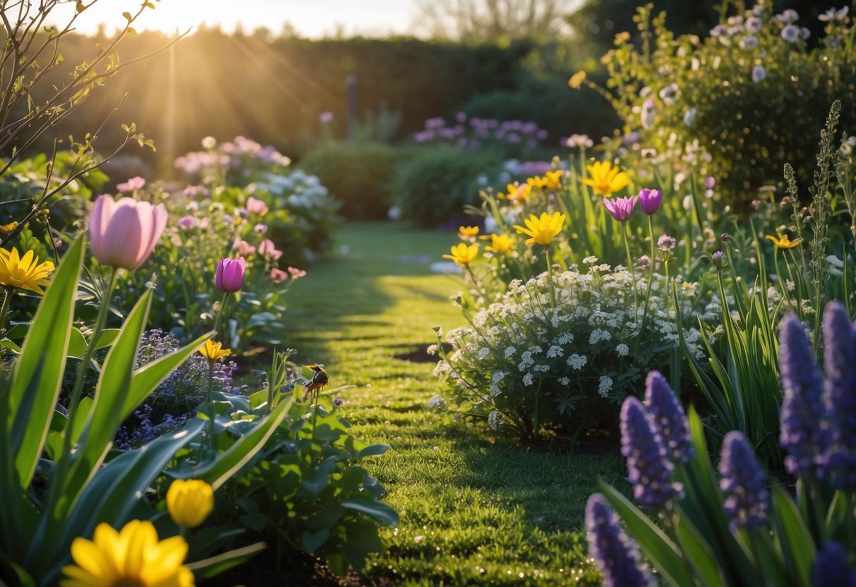 A peaceful garden in early morning or late afternoon with blooming flowers and no bees present.